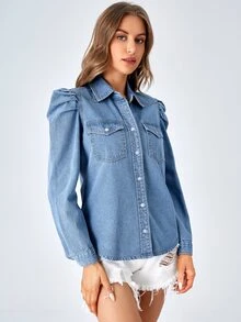 Selenza Flap Pocket Gigot Sleeve Denim Shirt - Medium Wash - View 7