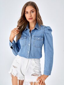 Selenza Flap Pocket Gigot Sleeve Denim Shirt - Medium Wash - View 4