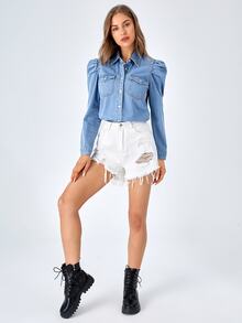 Selenza Flap Pocket Gigot Sleeve Denim Shirt - Medium Wash - View 3