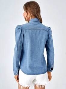 Selenza Flap Pocket Gigot Sleeve Denim Shirt - Medium Wash - View 8