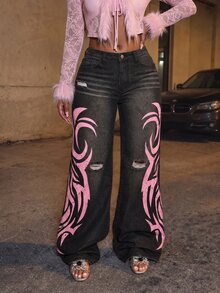 BriallanyX BriallanyX Women's Colorblock Printed Distressed Wide Leg Jeans - Black - View 1
