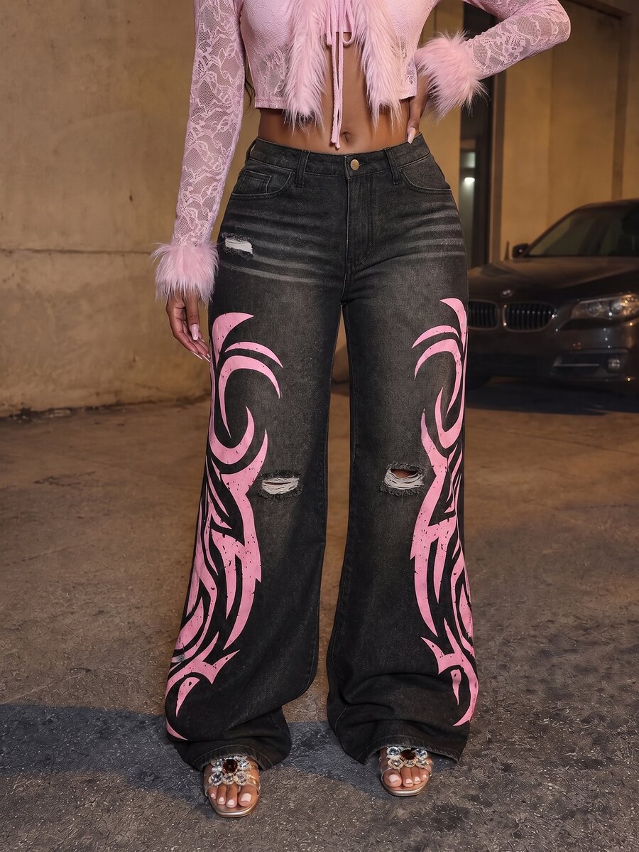 BriallanyX BriallanyX Women's Colorblock Printed Distressed Wide Leg Jeans - Black - View 1