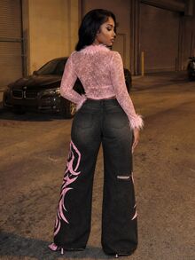 BriallanyX BriallanyX Women's Colorblock Printed Distressed Wide Leg Jeans - Black - View 2