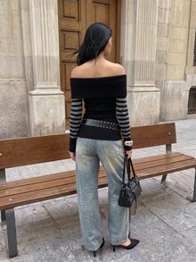 TRNVIE Sweater Rajut Lengan Panjang Wanita Motif Patchwork Bergaris, Pas Badan, Serbaguna, Minimalis, Berlipit, Kancing, Model Off-Shoulder, Musim Gugur/Dingin - Hitam - View 2