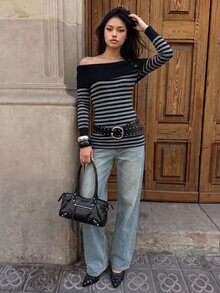TRNVIE Sweater Rajut Lengan Panjang Wanita Motif Patchwork Bergaris, Pas Badan, Serbaguna, Minimalis, Berlipit, Kancing, Model Off-Shoulder, Musim Gugur/Dingin - Hitam - View 6