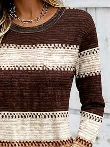 SHEIN LUNE Women's Round Neck Color Block Casual Everyday Wear Long Sleeve T-Shirt - Multicolor - View 4