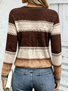 SHEIN LUNE Women's Round Neck Color Block Casual Everyday Wear Long Sleeve T-Shirt - Multicolor - View 2