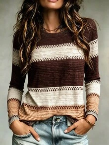 SHEIN LUNE Women's Round Neck Color Block Casual Everyday Wear Long Sleeve T-Shirt - Multicolor - View 1