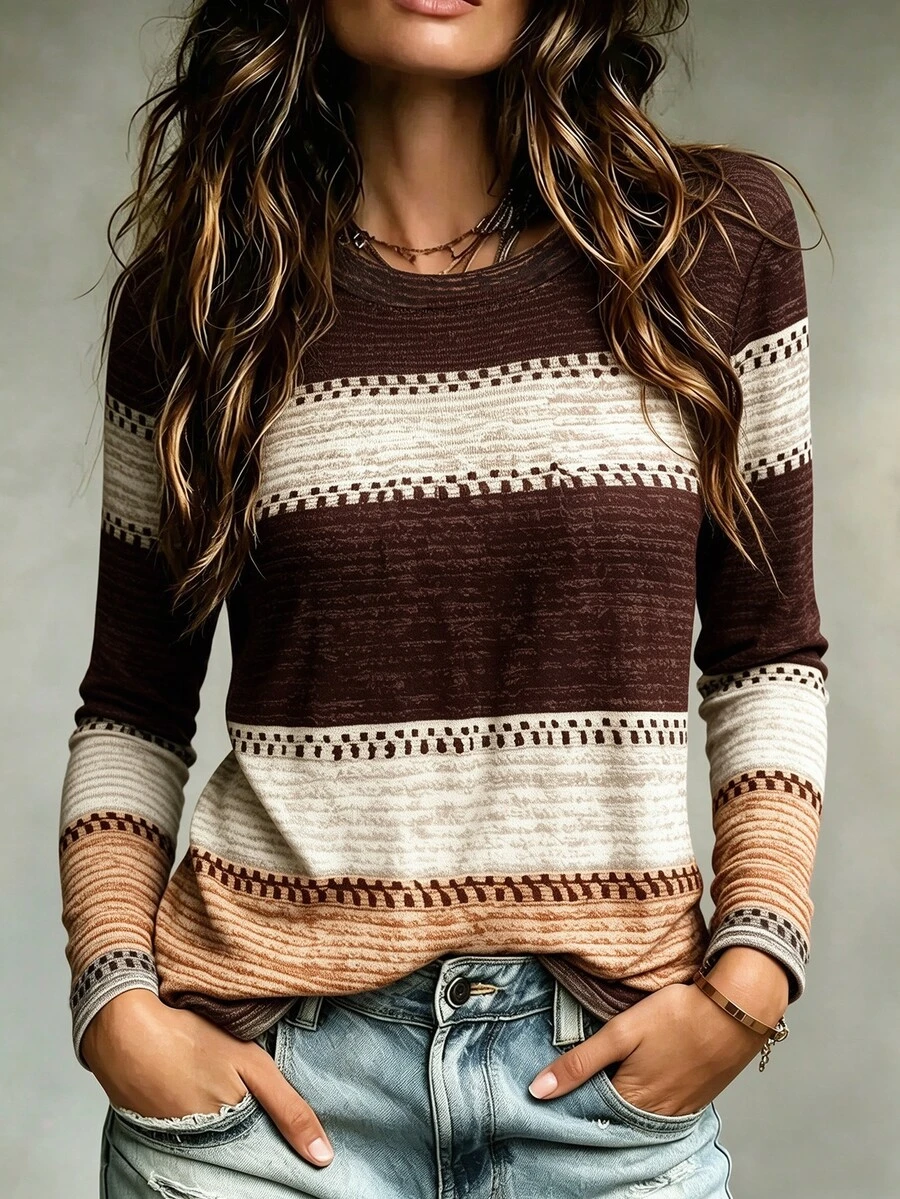 SHEIN LUNE Women's Round Neck Color Block Casual Everyday Wear Long Sleeve T-Shirt - Multicolor - View 1