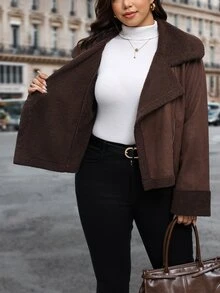 Reflora Jaket Lengan Panjang Wanita Ukuran Besar untuk Musim Gugur/Dingin, Bahan Komposit, Lapisan Bulu, Warna Kontras, Potongan Longgar - Chocolate Brown - View 10