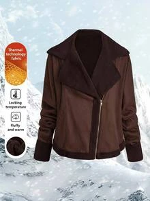 Reflora Jaket Lengan Panjang Wanita Ukuran Besar untuk Musim Gugur/Dingin, Bahan Komposit, Lapisan Bulu, Warna Kontras, Potongan Longgar - Chocolate Brown - View 8