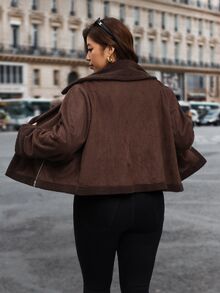Reflora Jaket Lengan Panjang Wanita Ukuran Besar untuk Musim Gugur/Dingin, Bahan Komposit, Lapisan Bulu, Warna Kontras, Potongan Longgar - Chocolate Brown - View 2