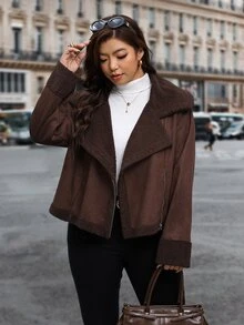 Reflora Jaket Lengan Panjang Wanita Ukuran Besar untuk Musim Gugur/Dingin, Bahan Komposit, Lapisan Bulu, Warna Kontras, Potongan Longgar - Chocolate Brown - View 4
