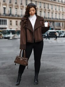 Reflora Jaket Lengan Panjang Wanita Ukuran Besar untuk Musim Gugur/Dingin, Bahan Komposit, Lapisan Bulu, Warna Kontras, Potongan Longgar - Chocolate Brown - View 5