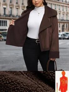 Reflora Jaket Lengan Panjang Wanita Ukuran Besar untuk Musim Gugur/Dingin, Bahan Komposit, Lapisan Bulu, Warna Kontras, Potongan Longgar - Chocolate Brown - View 1