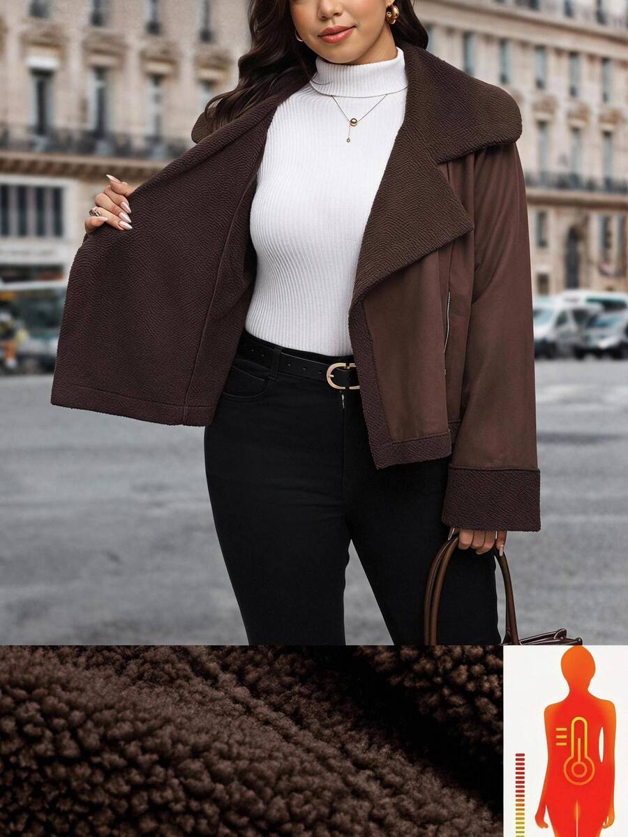 Reflora Jaket Lengan Panjang Wanita Ukuran Besar untuk Musim Gugur/Dingin, Bahan Komposit, Lapisan Bulu, Warna Kontras, Potongan Longgar - Chocolate Brown - View 1