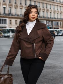 Reflora Jaket Lengan Panjang Wanita Ukuran Besar untuk Musim Gugur/Dingin, Bahan Komposit, Lapisan Bulu, Warna Kontras, Potongan Longgar - Chocolate Brown - View 6