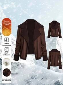 Reflora Jaket Lengan Panjang Wanita Ukuran Besar untuk Musim Gugur/Dingin, Bahan Komposit, Lapisan Bulu, Warna Kontras, Potongan Longgar - Chocolate Brown - View 7