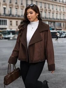 Reflora Jaket Lengan Panjang Wanita Ukuran Besar untuk Musim Gugur/Dingin, Bahan Komposit, Lapisan Bulu, Warna Kontras, Potongan Longgar - Chocolate Brown - View 3
