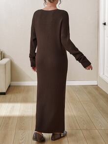 EURMUSE Plus Size Boat Neck Ribbed Knit Midi Dress Earthy Brown Fit With Textured Stitch Work Evening Elegant Graduation Holiday - Brown - View 3