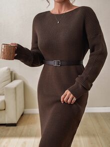 EURMUSE Plus Size Boat Neck Ribbed Knit Midi Dress Earthy Brown Fit With Textured Stitch Work Evening Elegant Graduation Holiday - Brown - View 9