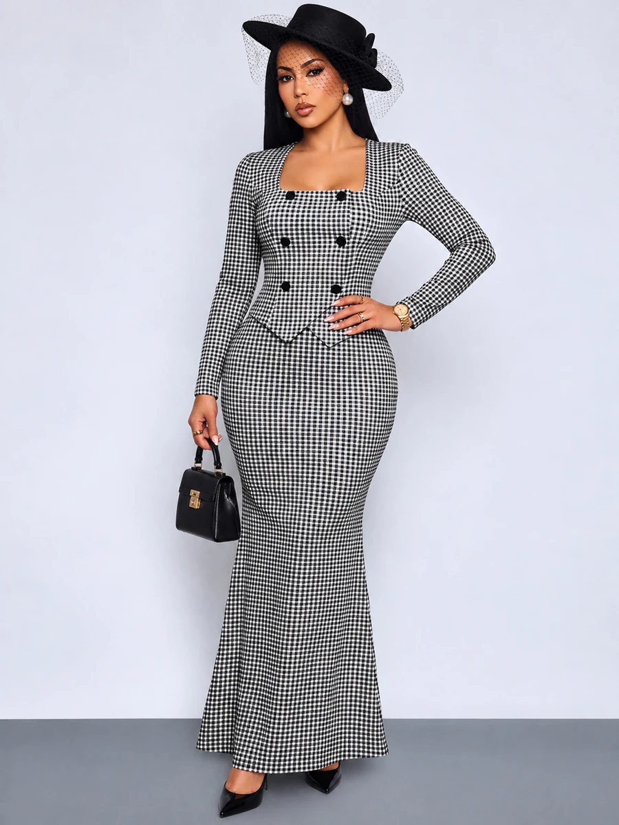 SOLERSUN طقم ملابس عمل أنيق للنساء باللونين الأسود والأبيض لفصل الخريف: ملابس علوية كارديجان بياقة مربعة وأزرار مع تنورة طويلة ضيقة بقصة حورية البحر