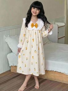 SHEIN 女童小碎花睡裙，3D蝴蝶結裝飾可愛蕾絲洋裝 - 黃色 - 查看 7