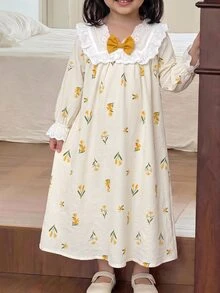 SHEIN 女童小碎花睡裙，3D蝴蝶結裝飾可愛蕾絲洋裝 - 黃色 - 查看 1