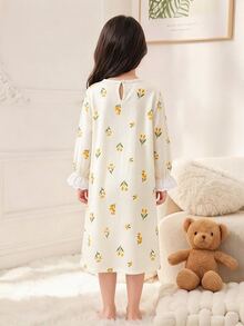 SHEIN 女童小碎花睡裙，3D蝴蝶結裝飾可愛蕾絲洋裝 - 黃色 - 查看 2