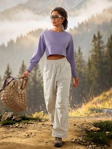 Exploreva Exploreva Solid Drop Shoulder Crop Outdoor Tee - Violet Purple - View 6