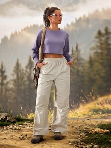 Exploreva Exploreva Solid Drop Shoulder Crop Outdoor Tee - Violet Purple - View 5