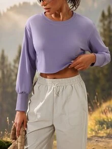 Exploreva Exploreva Solid Drop Shoulder Crop Outdoor Tee - Violet Purple - View 7