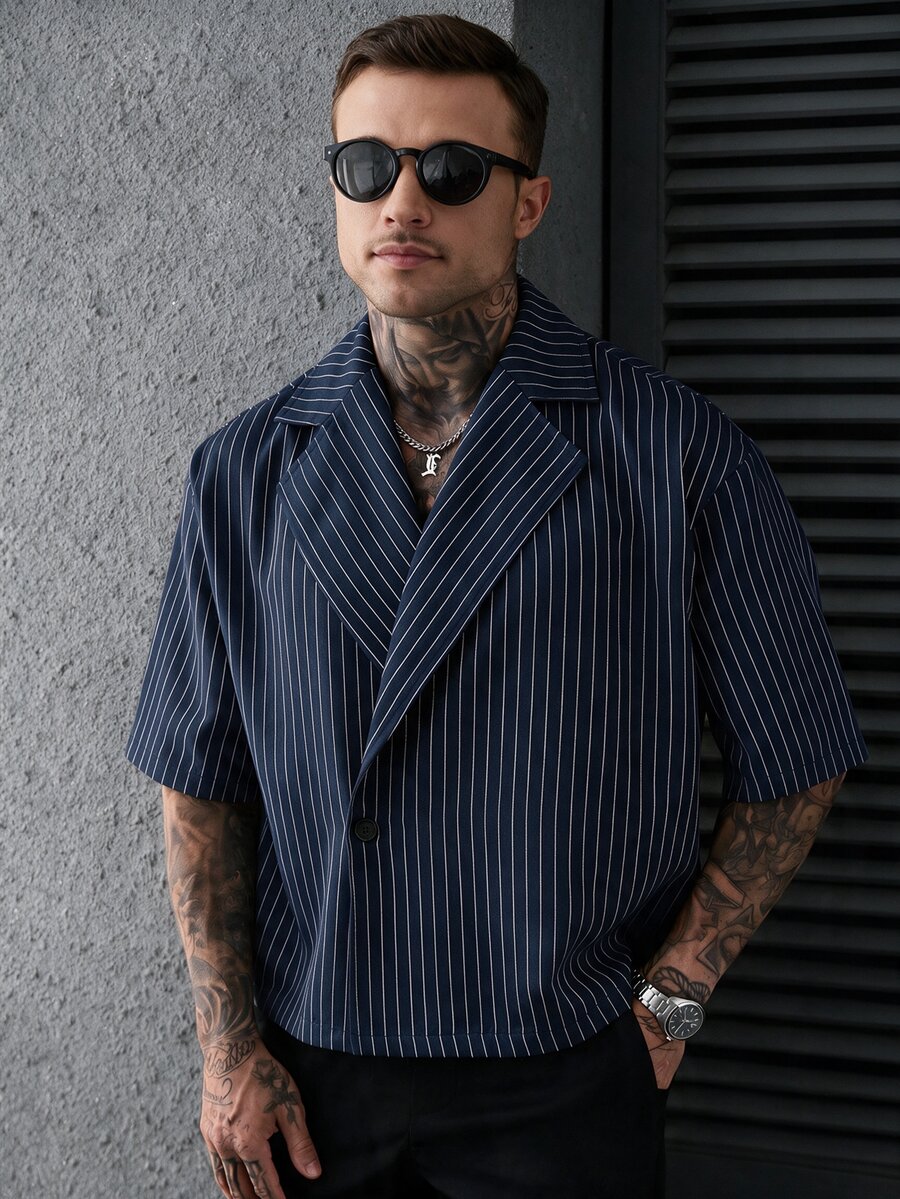 SLATEMANN 男士百搭條紋領鈕扣短袖襯衫 商務風 - 藏蓝色 - 查看 1