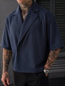 SLATEMANN 男士百搭條紋領鈕扣短袖襯衫 商務風 - 藏蓝色 - 查看 6