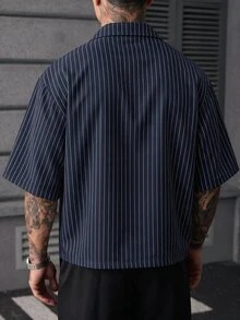 SLATEMANN 男士百搭條紋領鈕扣短袖襯衫 商務風 - 藏蓝色 - 查看 2