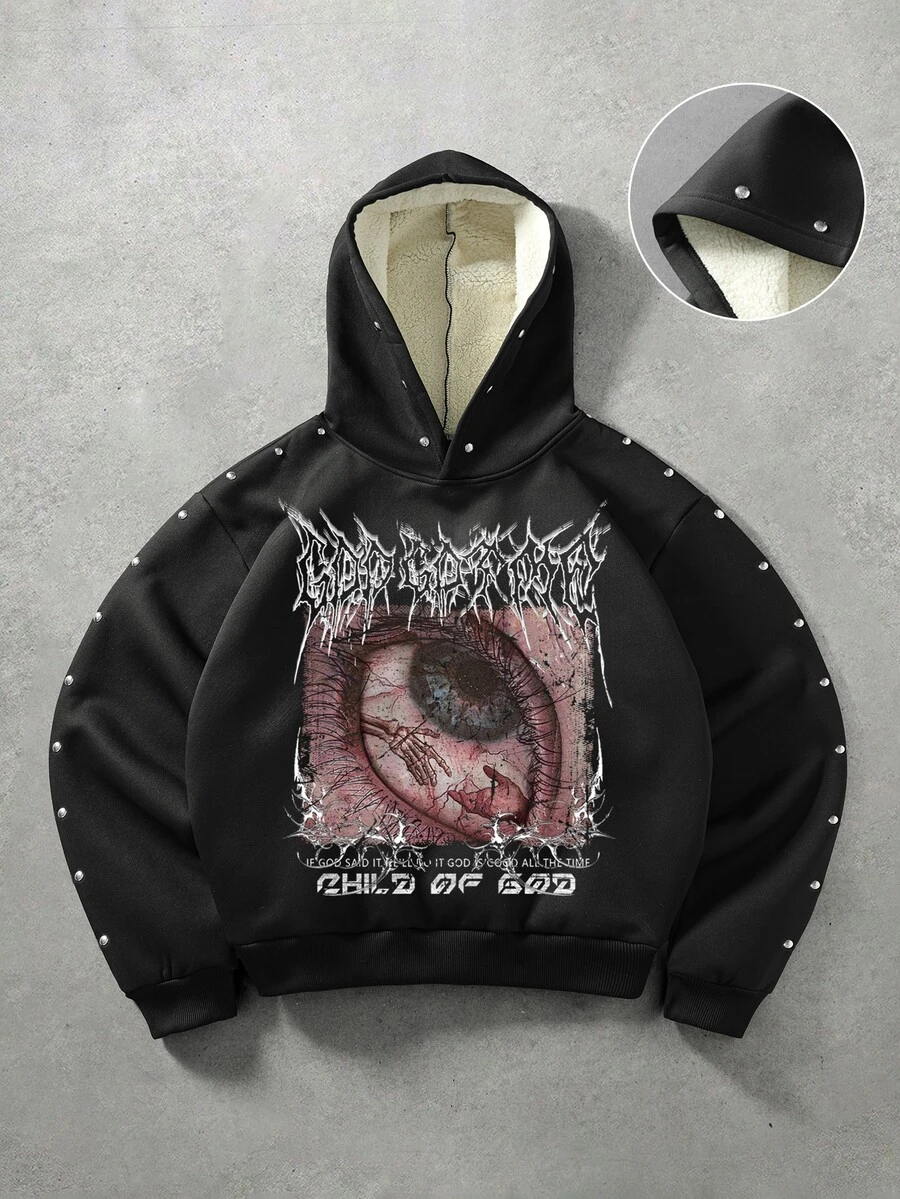 ROMWE MEN Sweatshirt Berkerudung Wol Domba Gaya Dark Metal dengan Hiasan Paku Keling, Cetakan Tengkorak Mata, Anak Tuhan, Hoodie Tebal Gaya Amerika High Street dengan Desain Usang dan Kualitas Tinggi. - Hitam - View 1