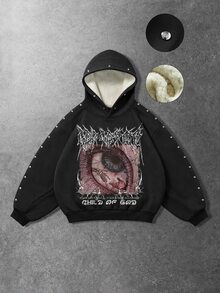 ROMWE MEN Sweatshirt Berkerudung Wol Domba Gaya Dark Metal dengan Hiasan Paku Keling, Cetakan Tengkorak Mata, Anak Tuhan, Hoodie Tebal Gaya Amerika High Street dengan Desain Usang dan Kualitas Tinggi. - Hitam - View 8