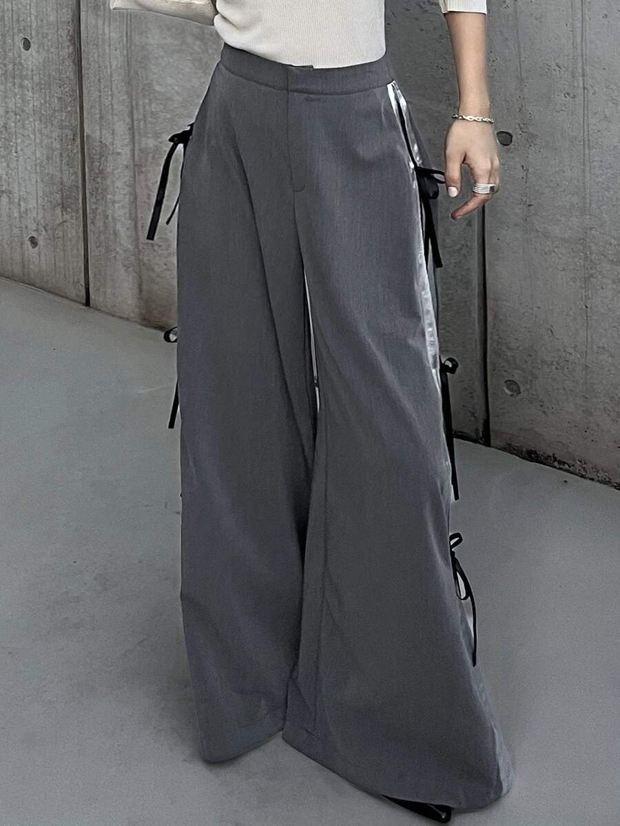 FRIFUL Women's Colorblock Patchwork Drawstring Wide Leg Pants Autumn Going Out Dark Grey Hip Hop Punk - Grey - View 1
