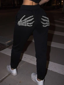 SHEIN Skeleton Hand Print Slant Pocket Sweatpants Graduation,Back To School Outfits,Graduation,Teacher Outfits For Women,Back To School Fall Cloth For Women - Black - View 1