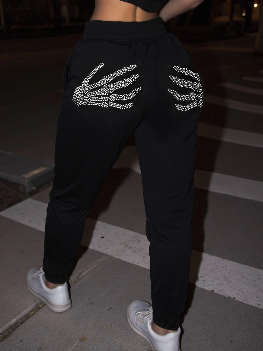 SHEIN Skeleton Hand Print Slant Pocket Sweatpants Graduation,Back To School Outfits,Graduation,Teacher Outfits For Women,Back To School Fall Cloth For Women - Black - View 1