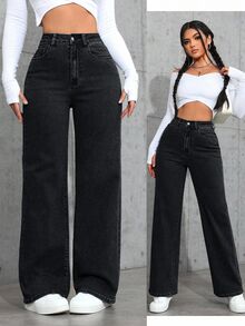 SHEIN PETITE Women Casual Slant Pocket Straight Leg Jeans ,Petite Women - Black - View 5