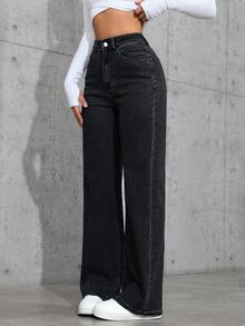 SHEIN PETITE Women Casual Slant Pocket Straight Leg Jeans ,Petite Women - Black - View 7