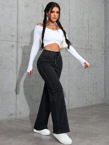 SHEIN PETITE Women Casual Slant Pocket Straight Leg Jeans ,Petite Women - Black - View 4