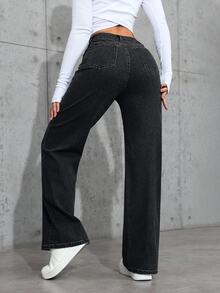 SHEIN PETITE Women Casual Slant Pocket Straight Leg Jeans ,Petite Women - Black - View 2