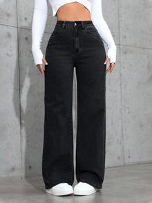 SHEIN PETITE Women Casual Slant Pocket Straight Leg Jeans ,Petite Women - Black - View 1