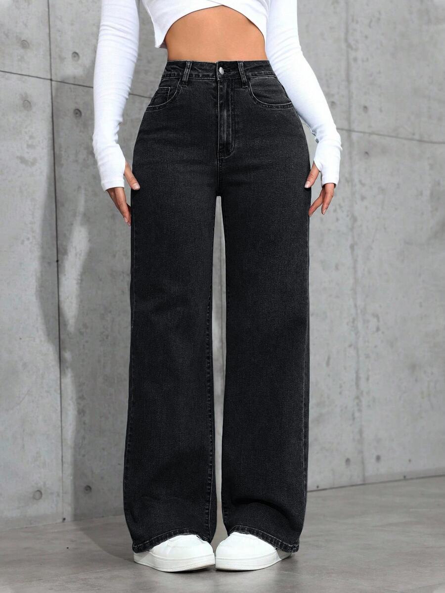 SHEIN PETITE Women Casual Slant Pocket Straight Leg Jeans ,Petite Women - Black - View 1