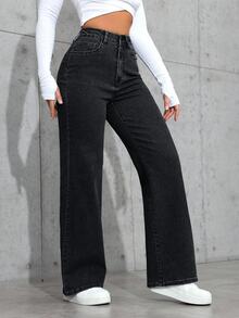 SHEIN PETITE Women Casual Slant Pocket Straight Leg Jeans ,Petite Women - Black - View 8