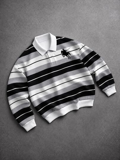 Manfinity EMRG Men's Button Half-Placket Striped Contrast Color Polo Shirt