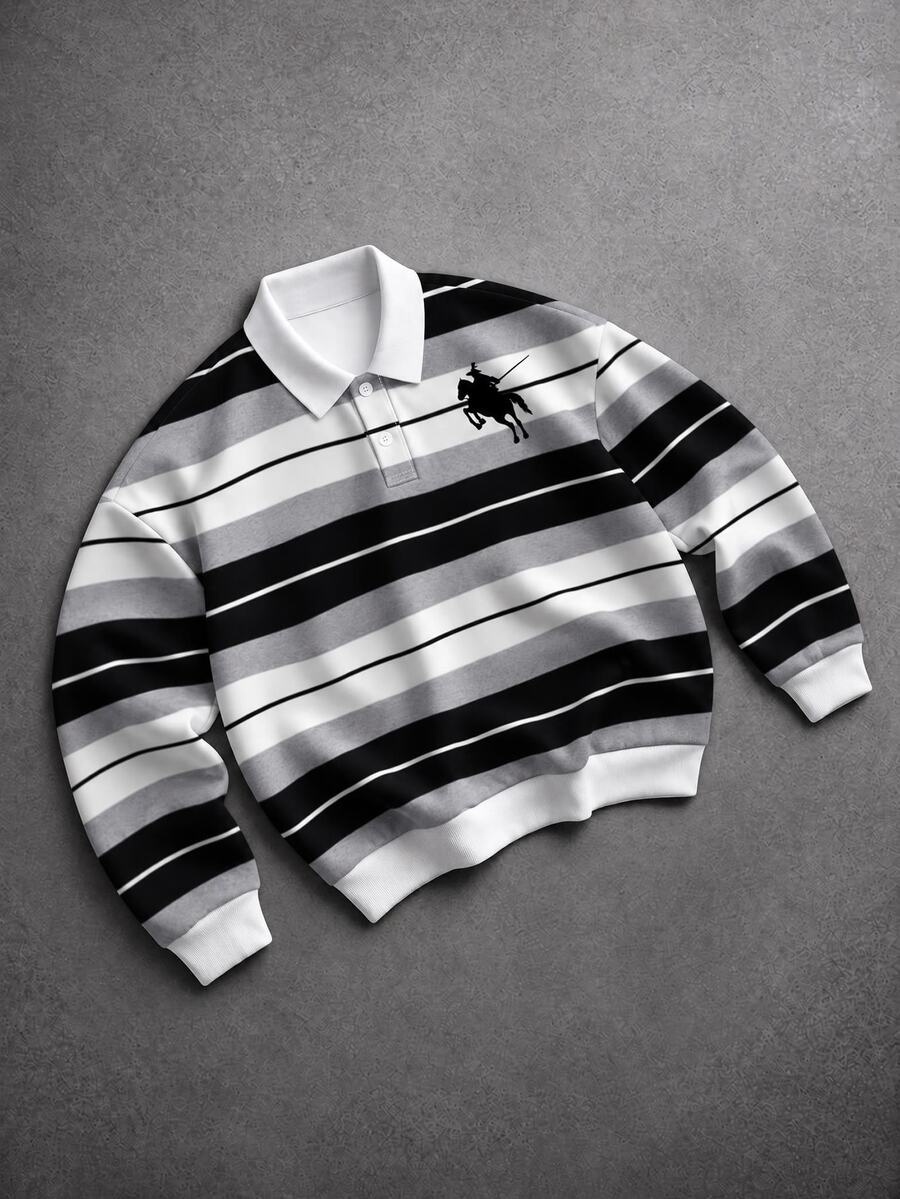 Manfinity EMRG 男士半開襟鈕扣條紋撞色 Polo 衫 - 彩色 - 查看 1
