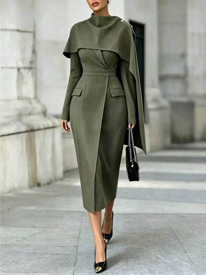 Elenzga Elegant Commuter Autumn Professional Workplace Suit, Army Green Stand Collar Cape Coat With Long Shawl Tie, Metal Buckle Decoration, Lapel Waist-Cinching Slimming Fit Side Pocket Flap Women's Dress, Women's Blazer Suit